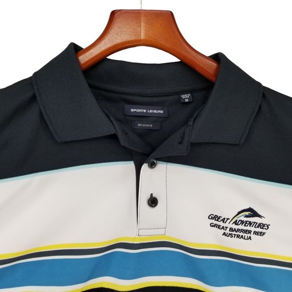 Sporte Leisure Polo Shirt Mens Black Blue Striped Great Barrier Reef Size M - Picture 5 of 11